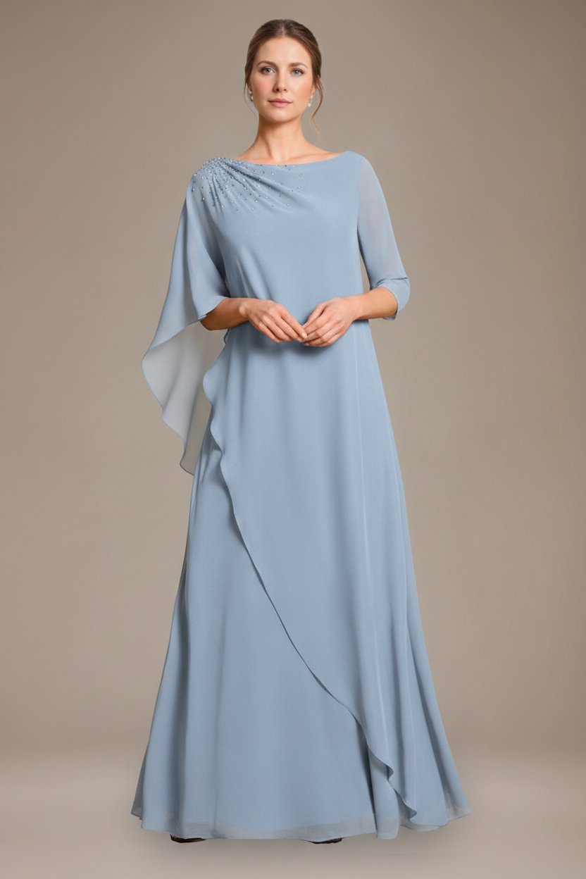 A-Line/Princess Scoop Cape Sleeves Floor-Length Pleated Mother of the Bride Dress with Beads & Ruffles