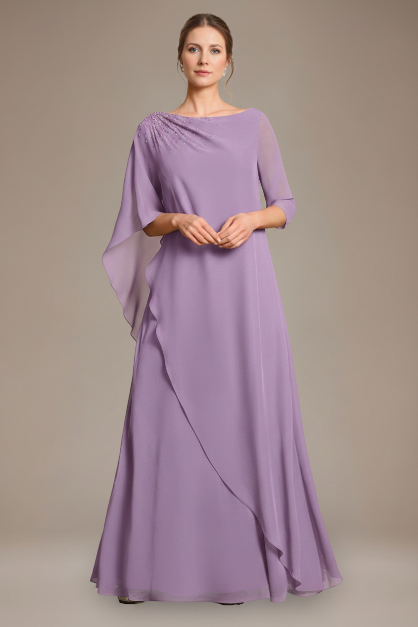 A-Line/Princess Scoop Cape Sleeves Floor-Length Pleated Mother of the Bride Dress with Beads & Ruffles