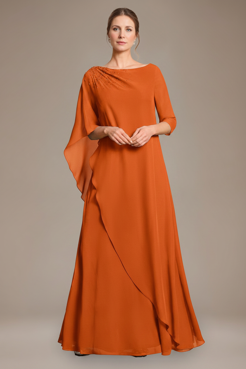 A-Line/Princess Scoop Cape Sleeves Floor-Length Pleated Mother of the Bride Dress with Beads & Ruffles