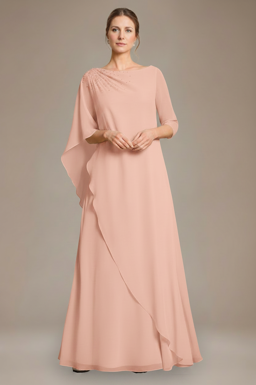A-Line/Princess Scoop Cape Sleeves Floor-Length Pleated Mother of the Bride Dress with Beads & Ruffles
