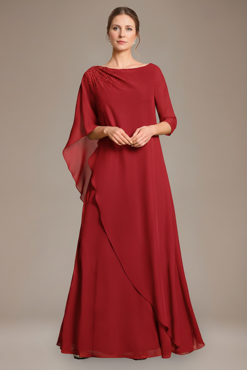 A-Line/Princess Scoop Cape Sleeves Floor-Length Pleated Mother of the Bride Dress with Beads & Ruffles