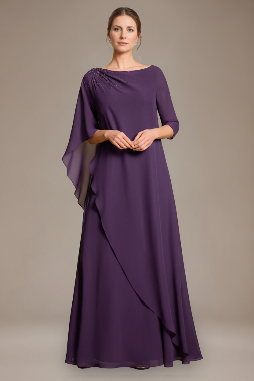 A-Line/Princess Scoop Cape Sleeves Floor-Length Pleated Mother of the Bride Dress with Beads & Ruffles
