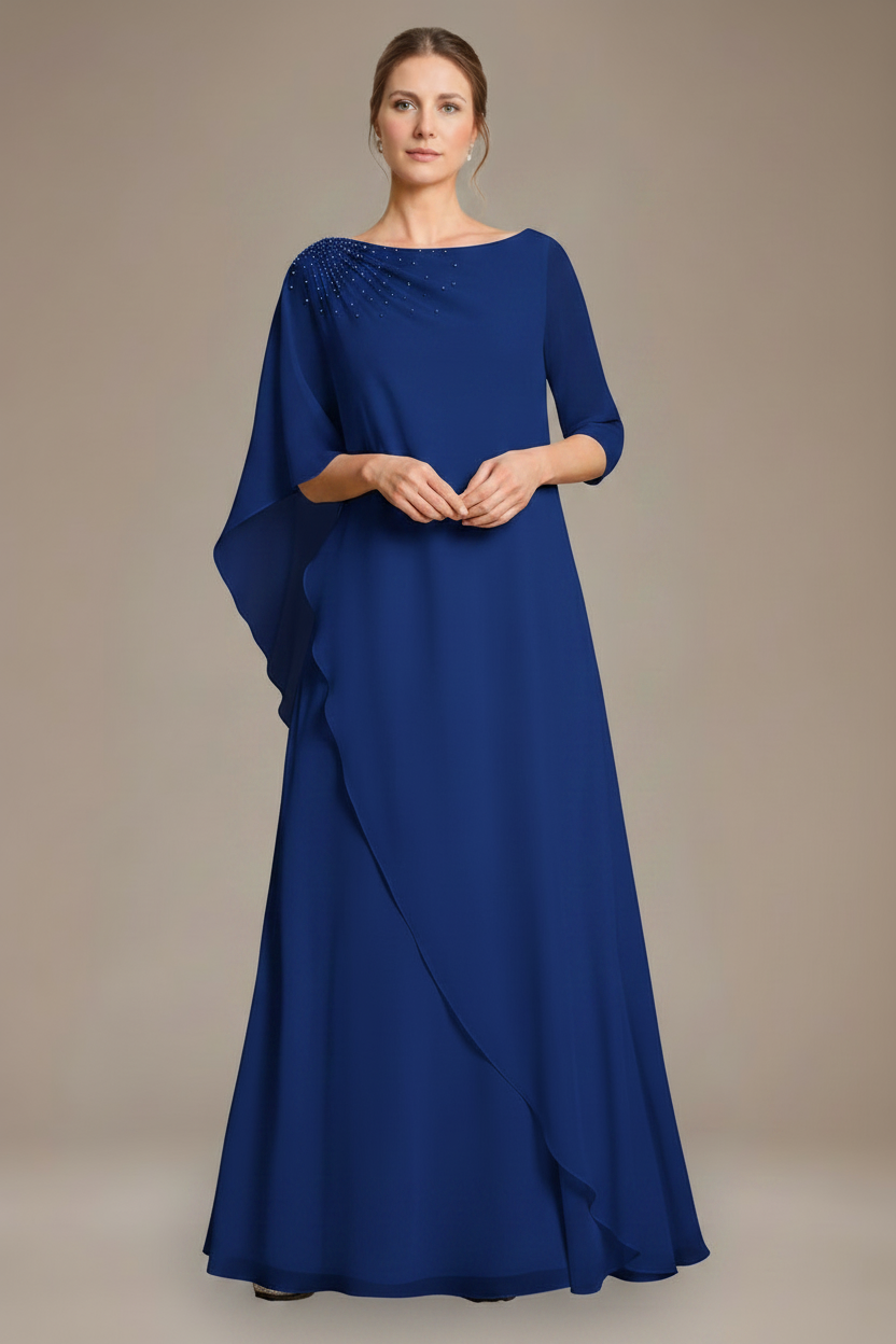 A-Line/Princess Scoop Cape Sleeves Floor-Length Pleated Mother of the Bride Dress with Beads & Ruffles