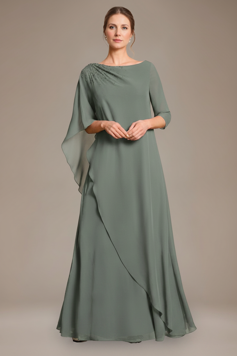 A-Line/Princess Scoop Cape Sleeves Floor-Length Pleated Mother of the Bride Dress with Beads & Ruffles