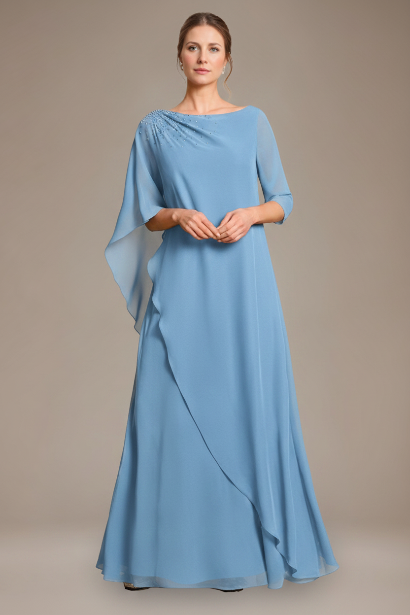 A-Line/Princess Scoop Cape Sleeves Floor-Length Pleated Mother of the Bride Dress with Beads & Ruffles