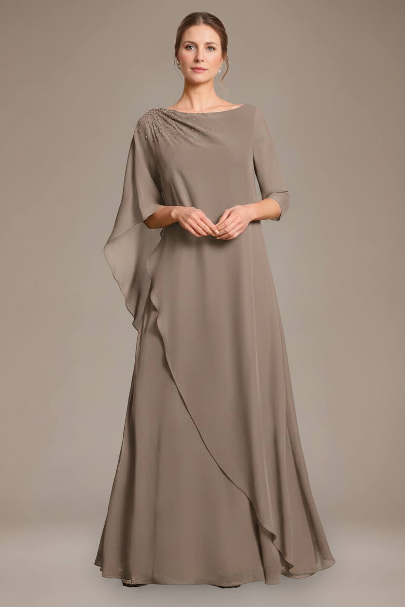 A-Line/Princess Scoop Cape Sleeves Floor-Length Pleated Mother of the Bride Dress with Beads & Ruffles
