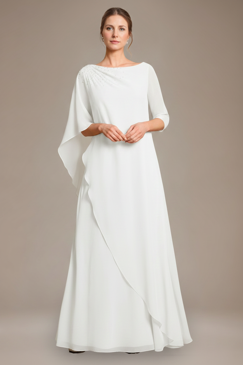 A-Line/Princess Scoop Cape Sleeves Floor-Length Pleated Mother of the Bride Dress with Beads & Ruffles