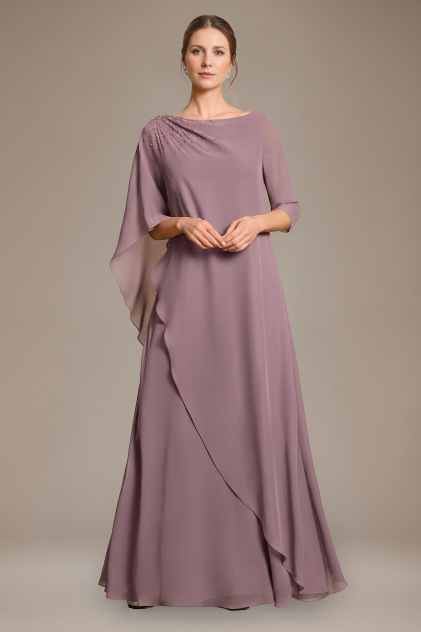A-Line/Princess Scoop Cape Sleeves Floor-Length Pleated Mother of the Bride Dress with Beads & Ruffles