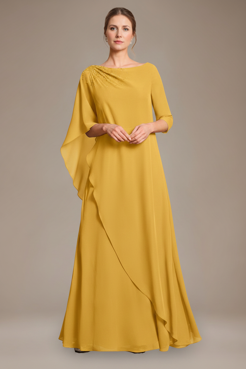 A-Line/Princess Scoop Cape Sleeves Floor-Length Pleated Mother of the Bride Dress with Beads & Ruffles