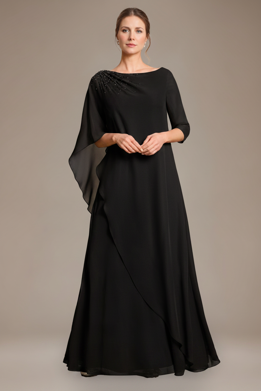 A-Line/Princess Scoop Cape Sleeves Floor-Length Pleated Mother of the Bride Dress with Beads & Ruffles