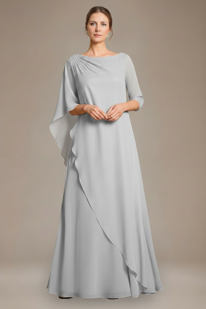 A-Line/Princess Scoop Cape Sleeves Floor-Length Pleated Mother of the Bride Dress with Beads & Ruffles