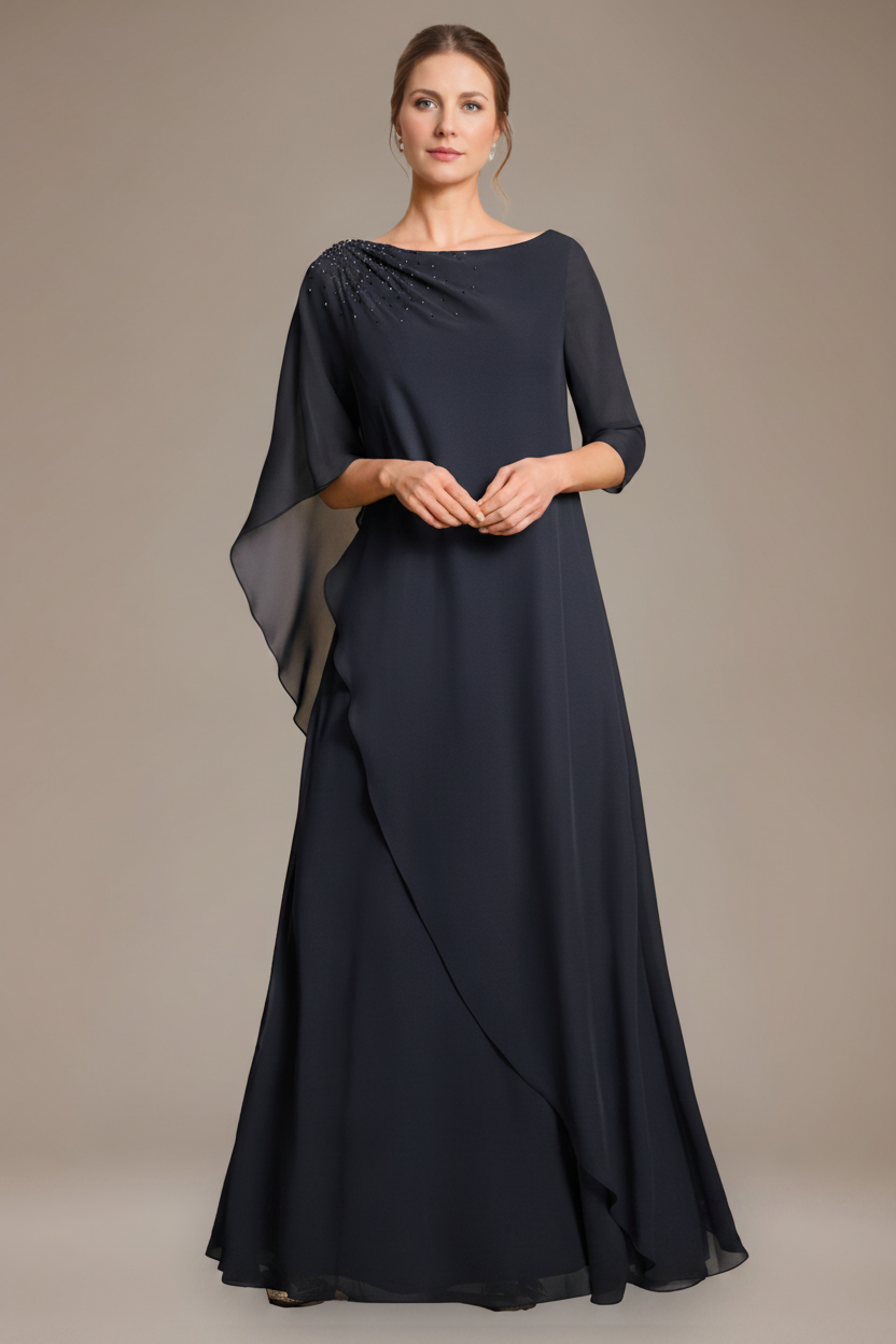 A-Line/Princess Scoop Cape Sleeves Floor-Length Pleated Mother of the Bride Dress with Beads & Ruffles