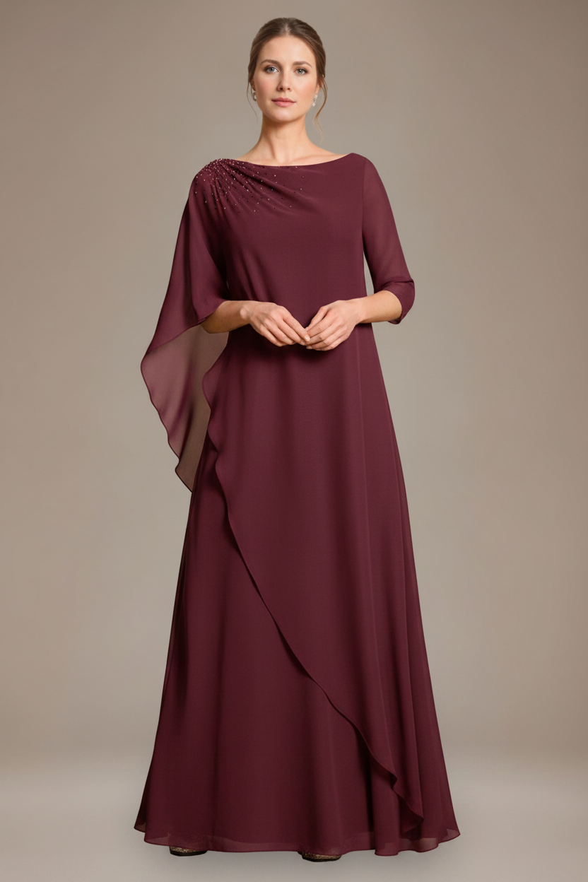 A-Line/Princess Scoop Cape Sleeves Floor-Length Pleated Mother of the Bride Dress with Beads & Ruffles