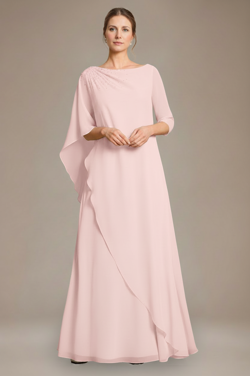 A-Line/Princess Scoop Cape Sleeves Floor-Length Pleated Mother of the Bride Dress with Beads & Ruffles
