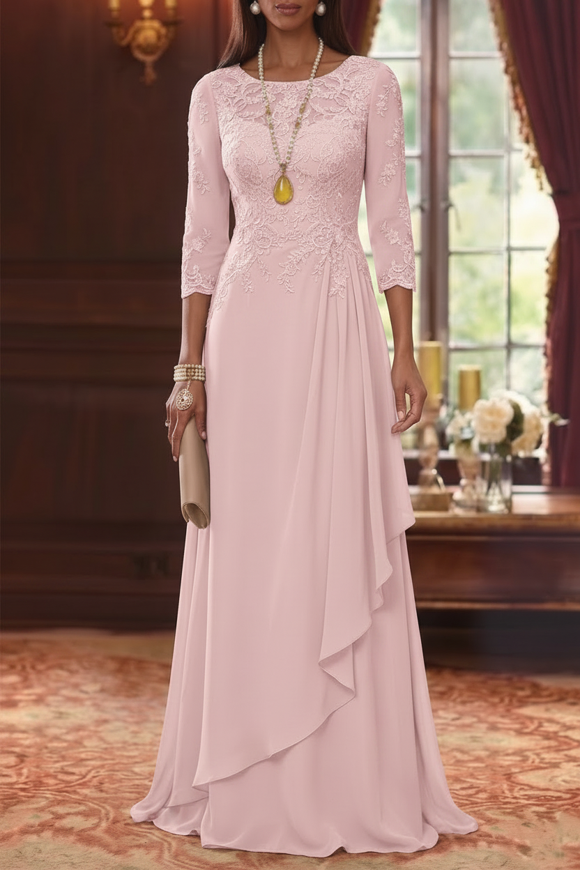 A-Line/Princess Scoop Chiffon Mother of the Bride Dresses 3/4 Sleeves Lace Floor-Length With Pleated