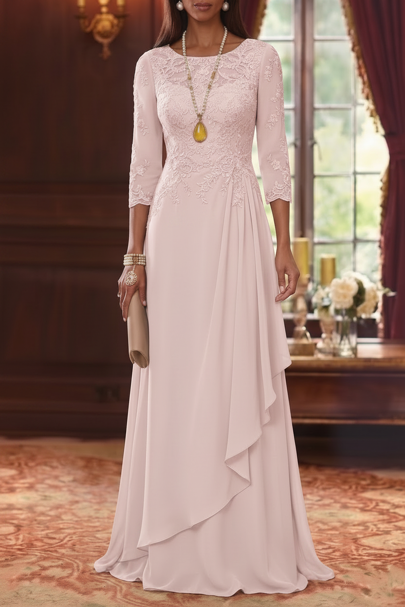 A-Line/Princess Scoop Chiffon Mother of the Bride Dresses 3/4 Sleeves Lace Floor-Length With Pleated
