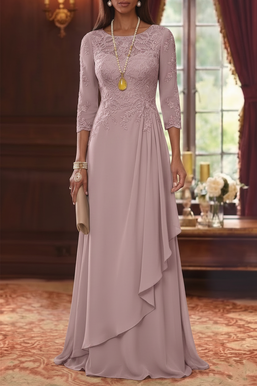A-Line/Princess Scoop Chiffon Mother of the Bride Dresses 3/4 Sleeves Lace Floor-Length With Pleated