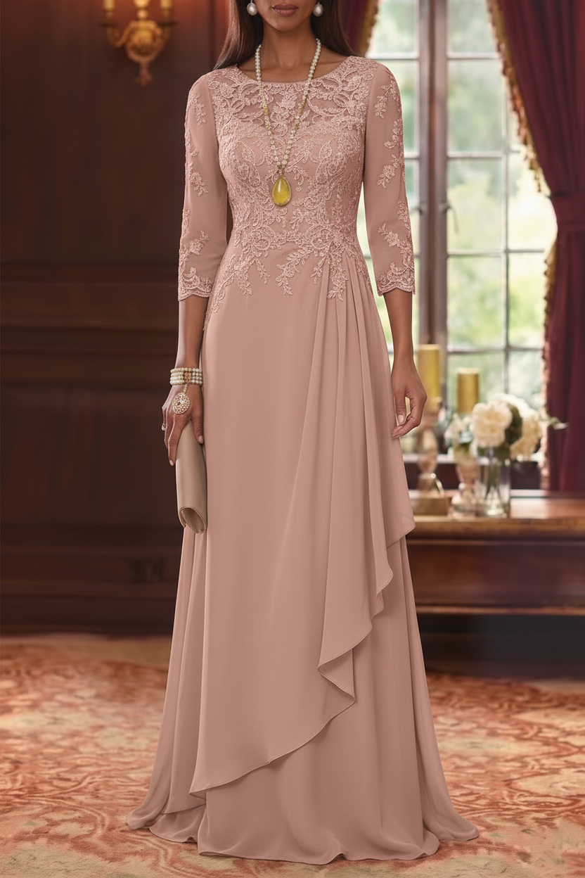 A-Line/Princess Scoop Chiffon Mother of the Bride Dresses 3/4 Sleeves Lace Floor-Length With Pleated