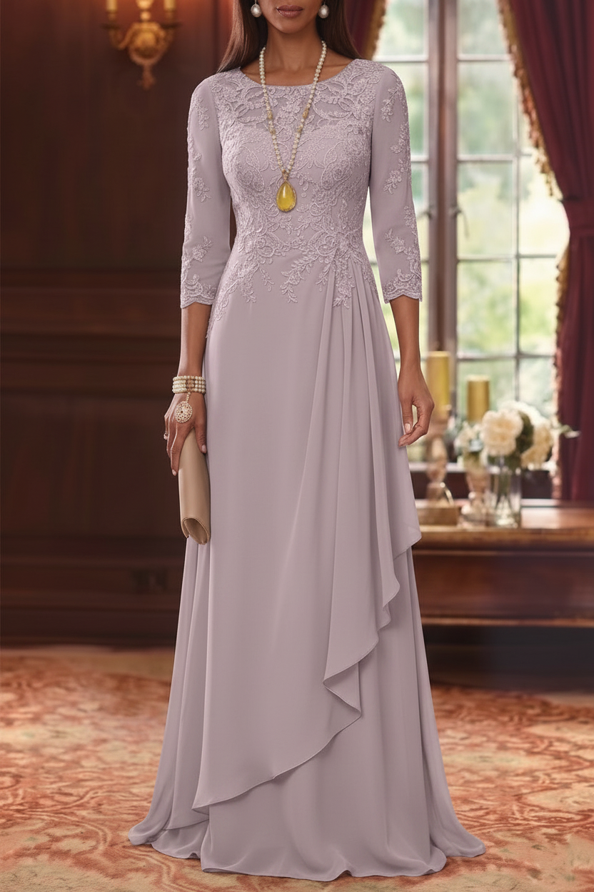 A-Line/Princess Scoop Chiffon Mother of the Bride Dresses 3/4 Sleeves Lace Floor-Length With Pleated