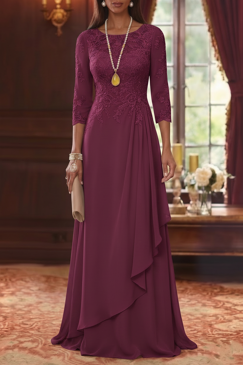 A-Line/Princess Scoop Chiffon Mother of the Bride Dresses 3/4 Sleeves Lace Floor-Length With Pleated