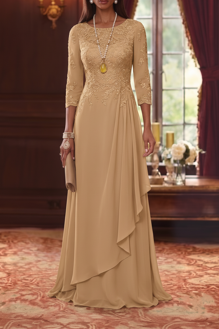 A-Line/Princess Scoop Chiffon Mother of the Bride Dresses 3/4 Sleeves Lace Floor-Length With Pleated