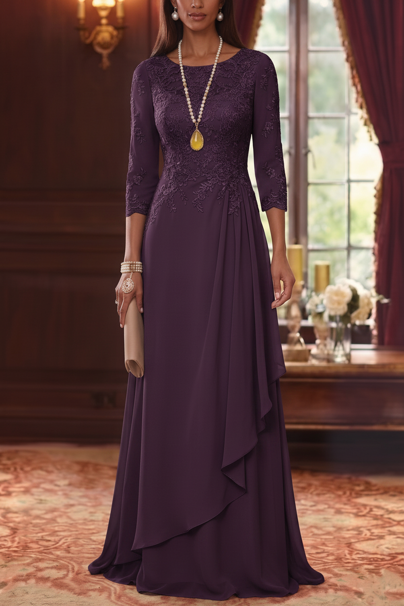 A-Line/Princess Scoop Chiffon Mother of the Bride Dresses 3/4 Sleeves Lace Floor-Length With Pleated