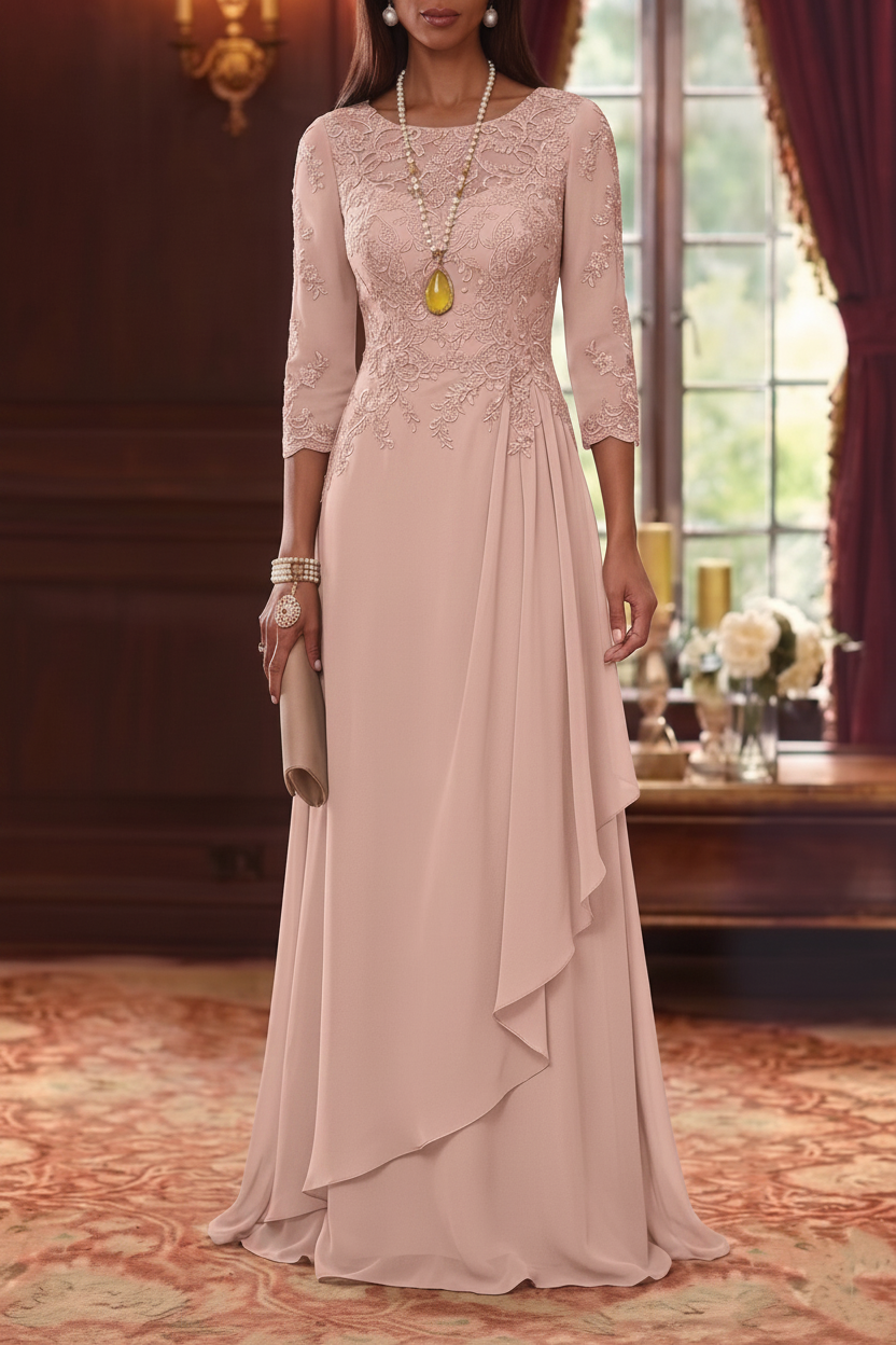 A-Line/Princess Scoop Chiffon Mother of the Bride Dresses 3/4 Sleeves Lace Floor-Length With Pleated