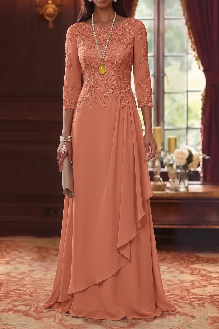 A-Line/Princess Scoop Chiffon Mother of the Bride Dresses 3/4 Sleeves Lace Floor-Length With Pleated