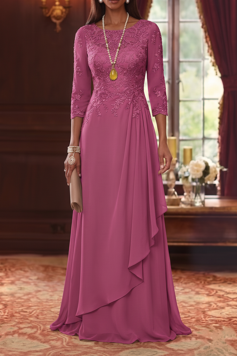 A-Line/Princess Scoop Chiffon Mother of the Bride Dresses 3/4 Sleeves Lace Floor-Length With Pleated
