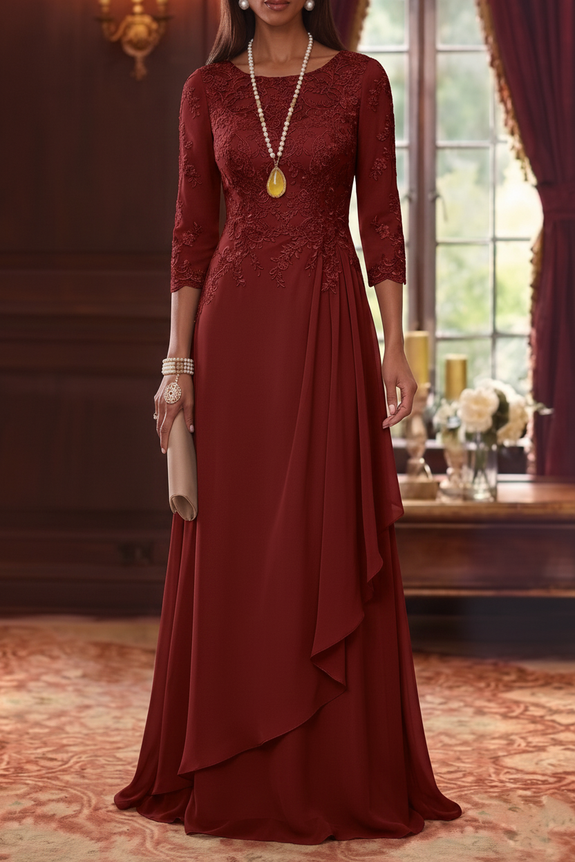 A-Line/Princess Scoop Chiffon Mother of the Bride Dresses 3/4 Sleeves Lace Floor-Length With Pleated