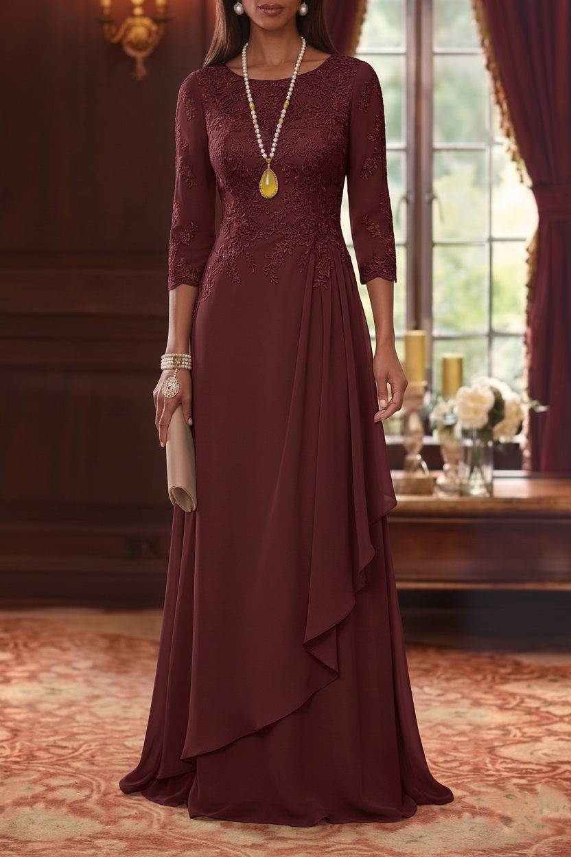 A-Line/Princess Scoop Chiffon Mother of the Bride Dresses 3/4 Sleeves Lace Floor-Length With Pleated