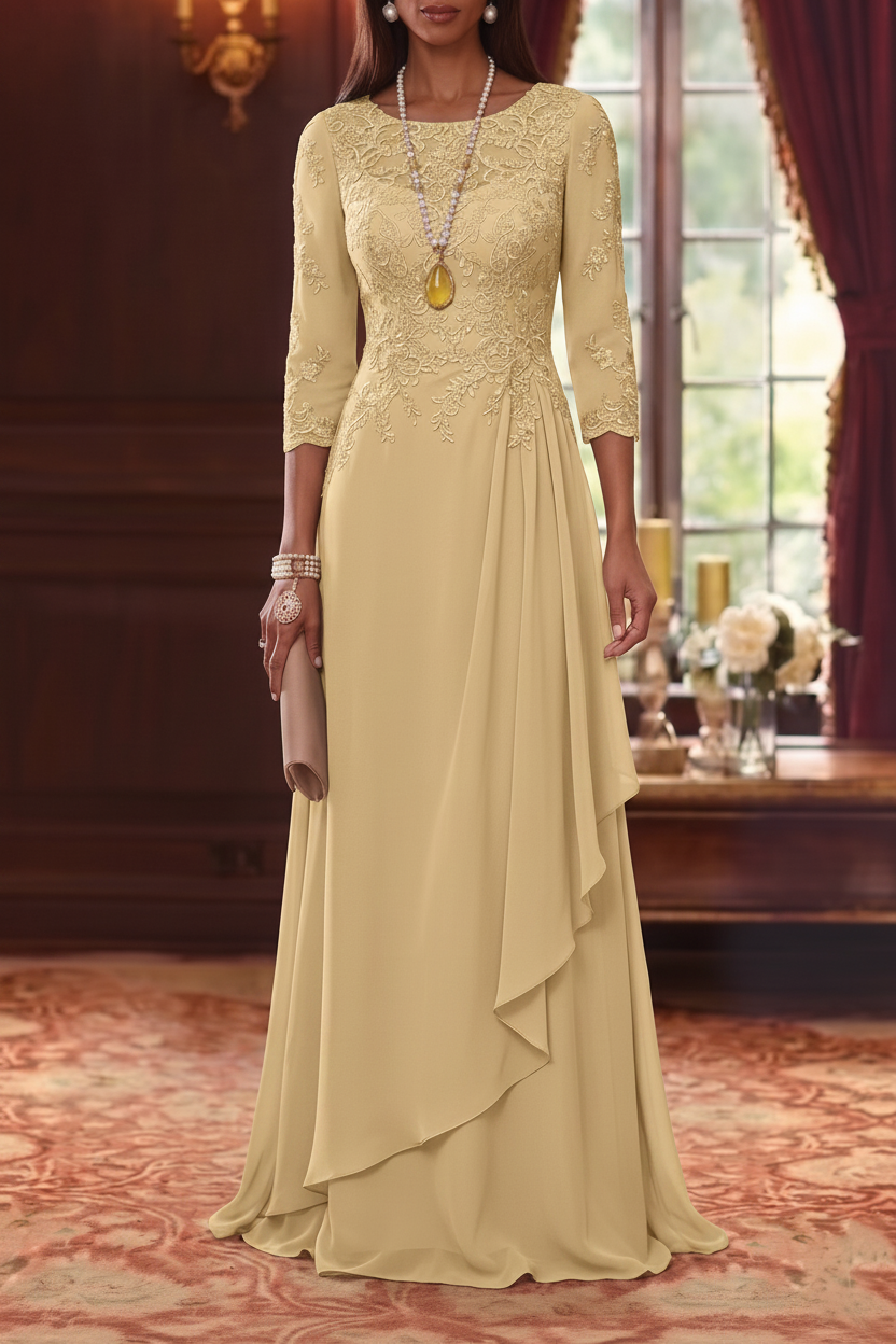 A-Line/Princess Scoop Chiffon Mother of the Bride Dresses 3/4 Sleeves Lace Floor-Length With Pleated