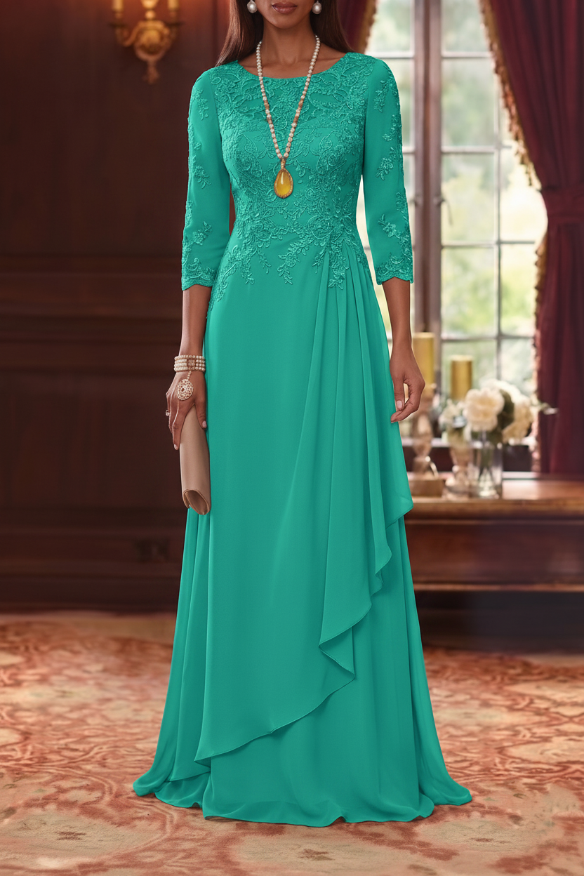 A-Line/Princess Scoop Chiffon Mother of the Bride Dresses 3/4 Sleeves Lace Floor-Length With Pleated