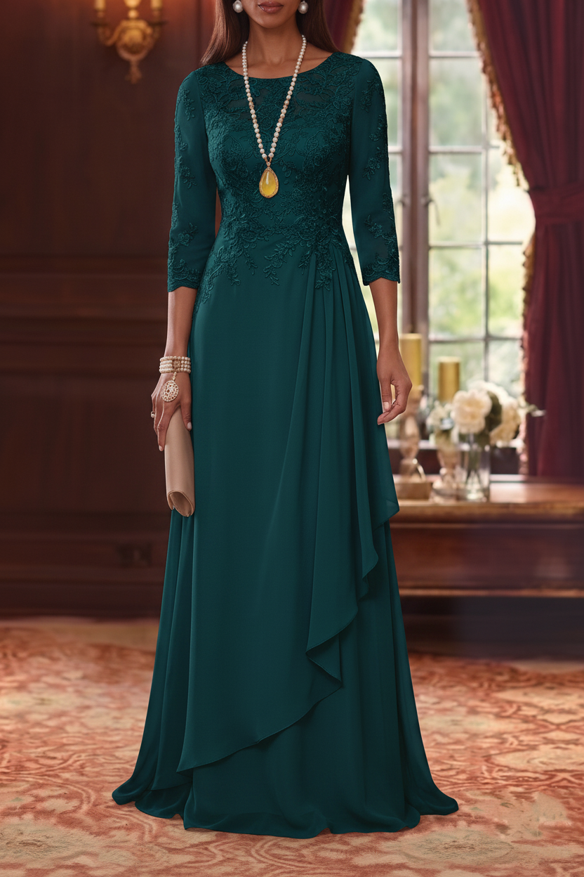 A-Line/Princess Scoop Chiffon Mother of the Bride Dresses 3/4 Sleeves Lace Floor-Length With Pleated