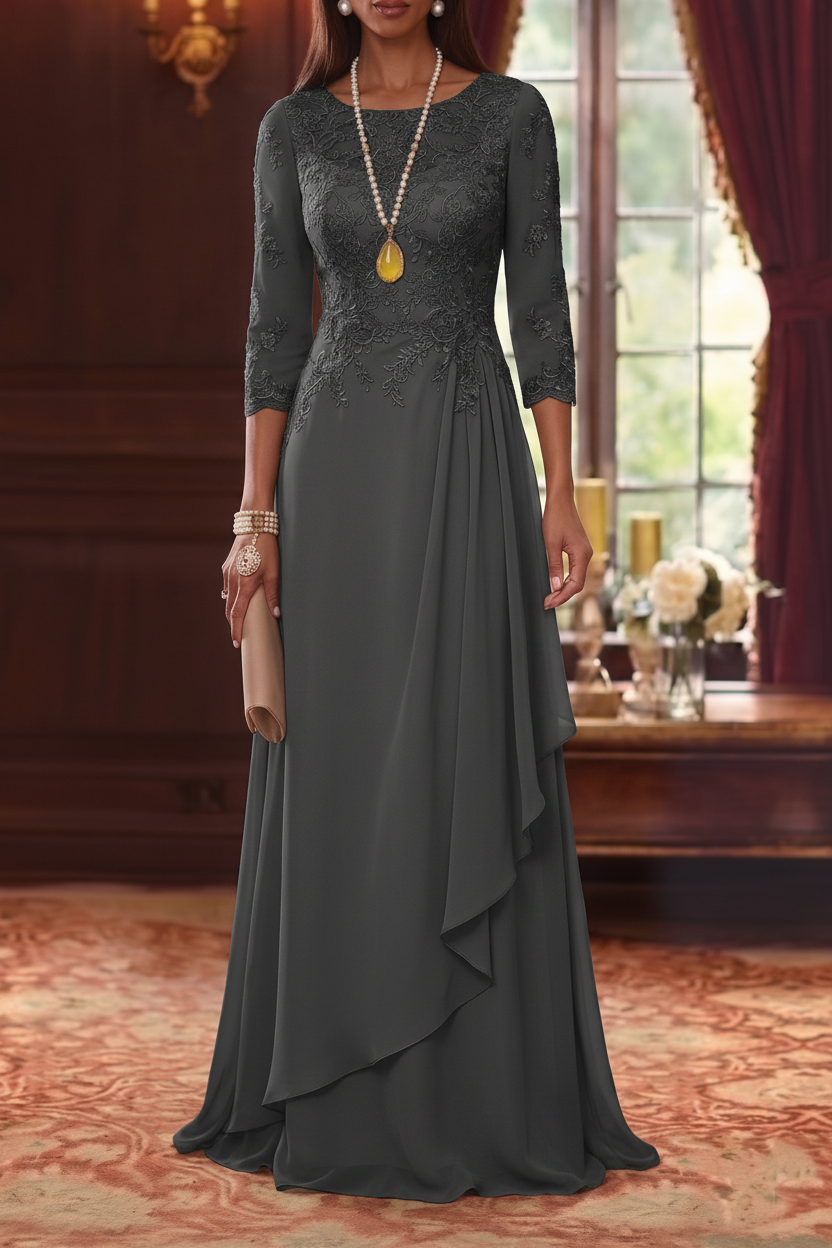 A-Line/Princess Scoop Chiffon Mother of the Bride Dresses 3/4 Sleeves Lace Floor-Length With Pleated