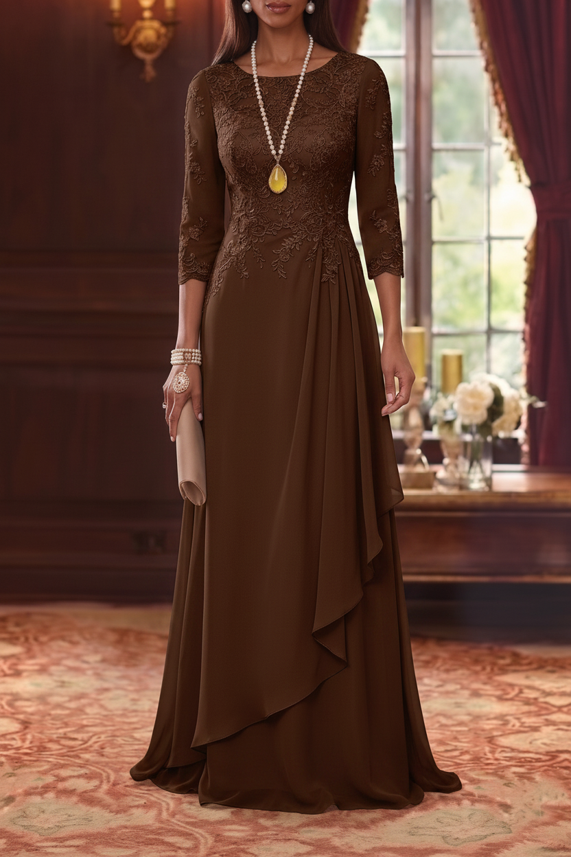 A-Line/Princess Scoop Chiffon Mother of the Bride Dresses 3/4 Sleeves Lace Floor-Length With Pleated