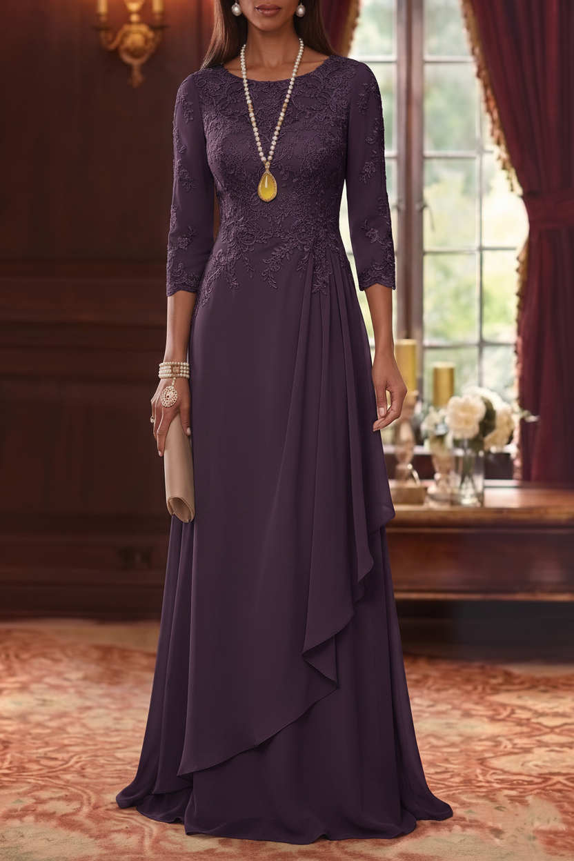 A-Line/Princess Scoop Chiffon Mother of the Bride Dresses 3/4 Sleeves Lace Floor-Length With Pleated