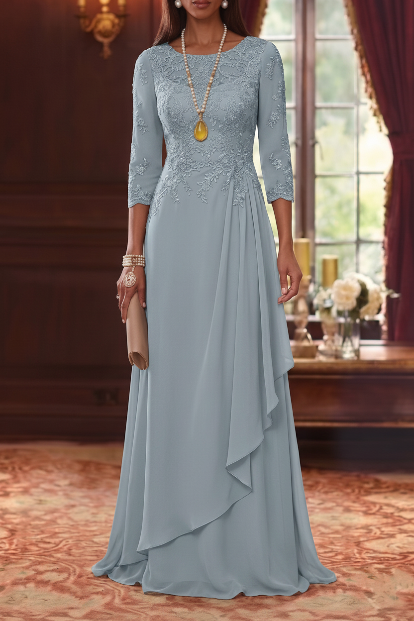 A-Line/Princess Scoop Chiffon Mother of the Bride Dresses 3/4 Sleeves Lace Floor-Length With Pleated