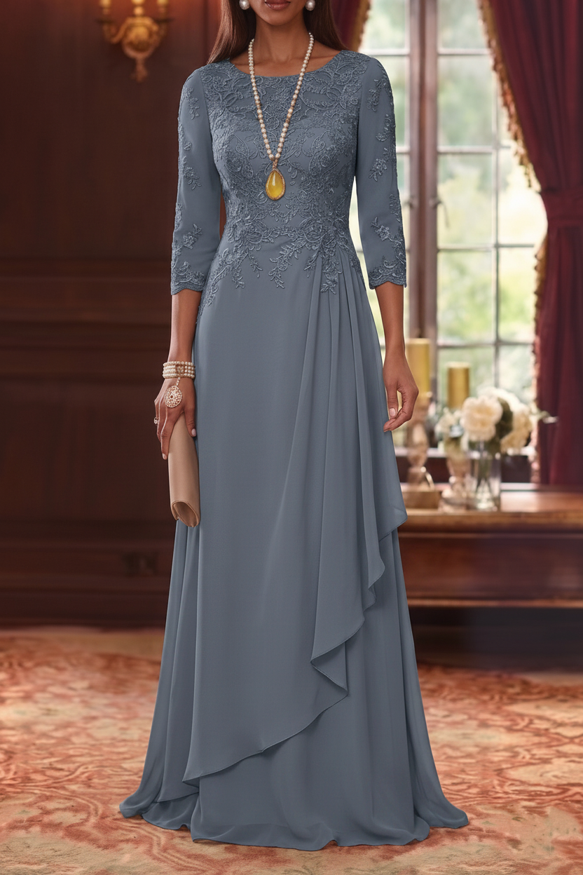 A-Line/Princess Scoop Chiffon Mother of the Bride Dresses 3/4 Sleeves Lace Floor-Length With Pleated