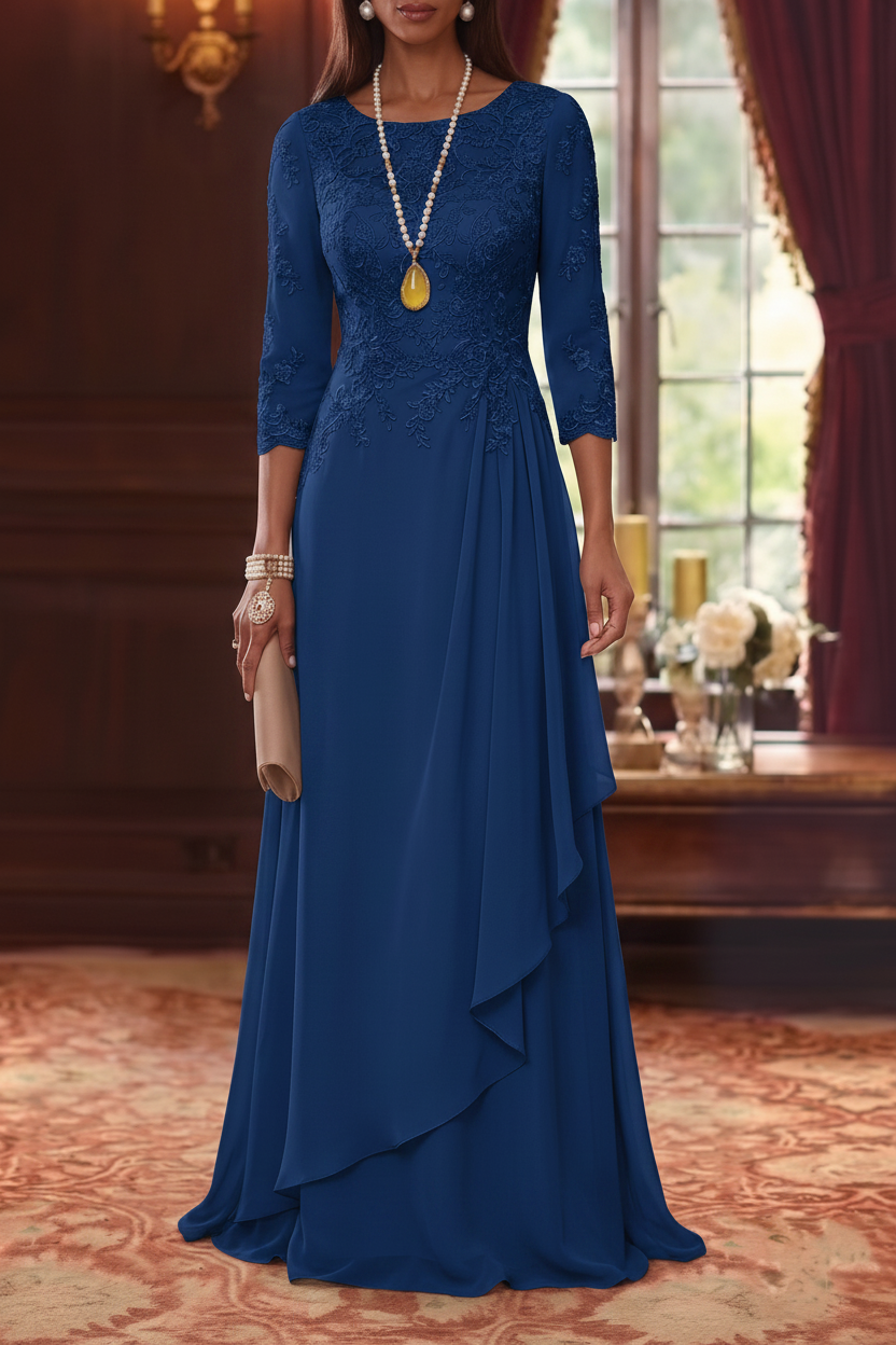 A-Line/Princess Scoop Chiffon Mother of the Bride Dresses 3/4 Sleeves Lace Floor-Length With Pleated