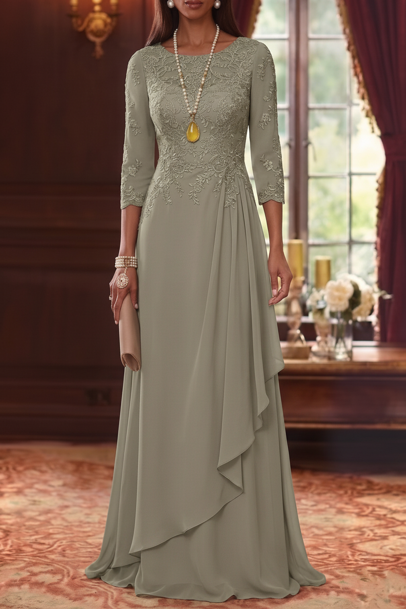 A-Line/Princess Scoop Chiffon Mother of the Bride Dresses 3/4 Sleeves Lace Floor-Length With Pleated