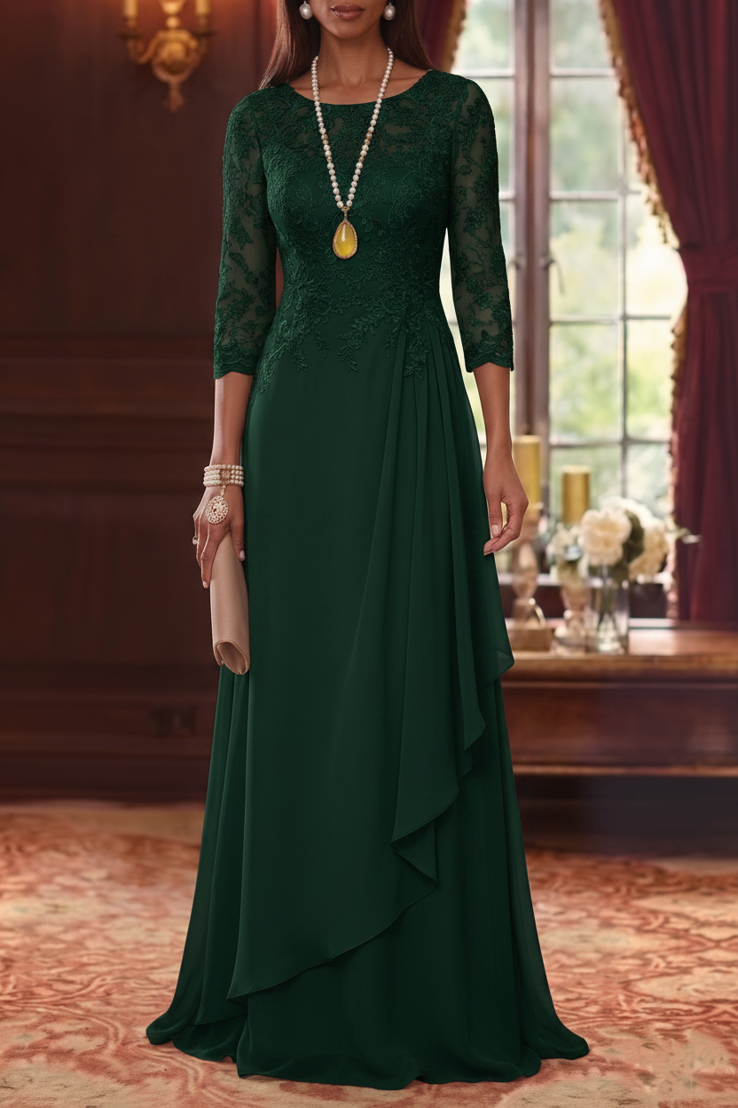 A-Line/Princess Scoop Chiffon Mother of the Bride Dresses 3/4 Sleeves Lace Floor-Length With Pleated