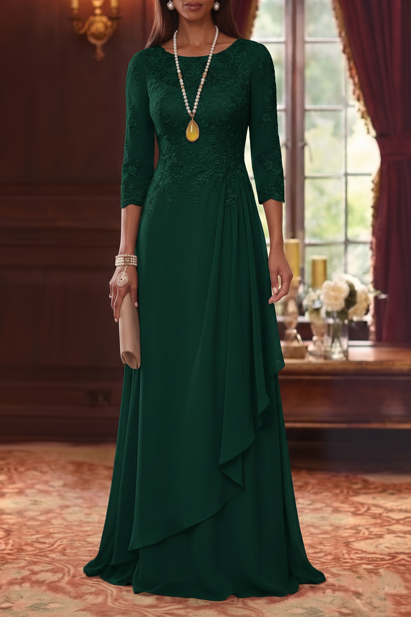A-Line/Princess Scoop Chiffon Mother of the Bride Dresses 3/4 Sleeves Lace Floor-Length With Pleated