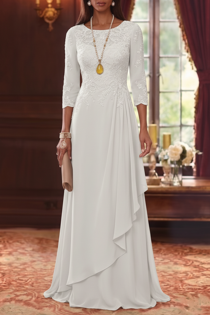 A-Line/Princess Scoop Chiffon Mother of the Bride Dresses 3/4 Sleeves Lace Floor-Length With Pleated