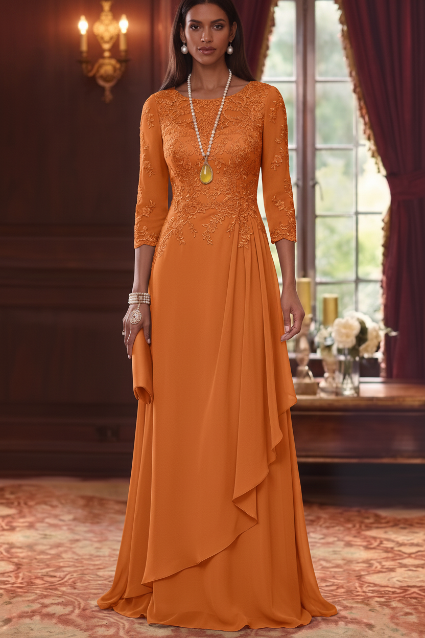 A-Line/Princess Scoop Chiffon Mother of the Bride Dresses 3/4 Sleeves Lace Floor-Length With Pleated
