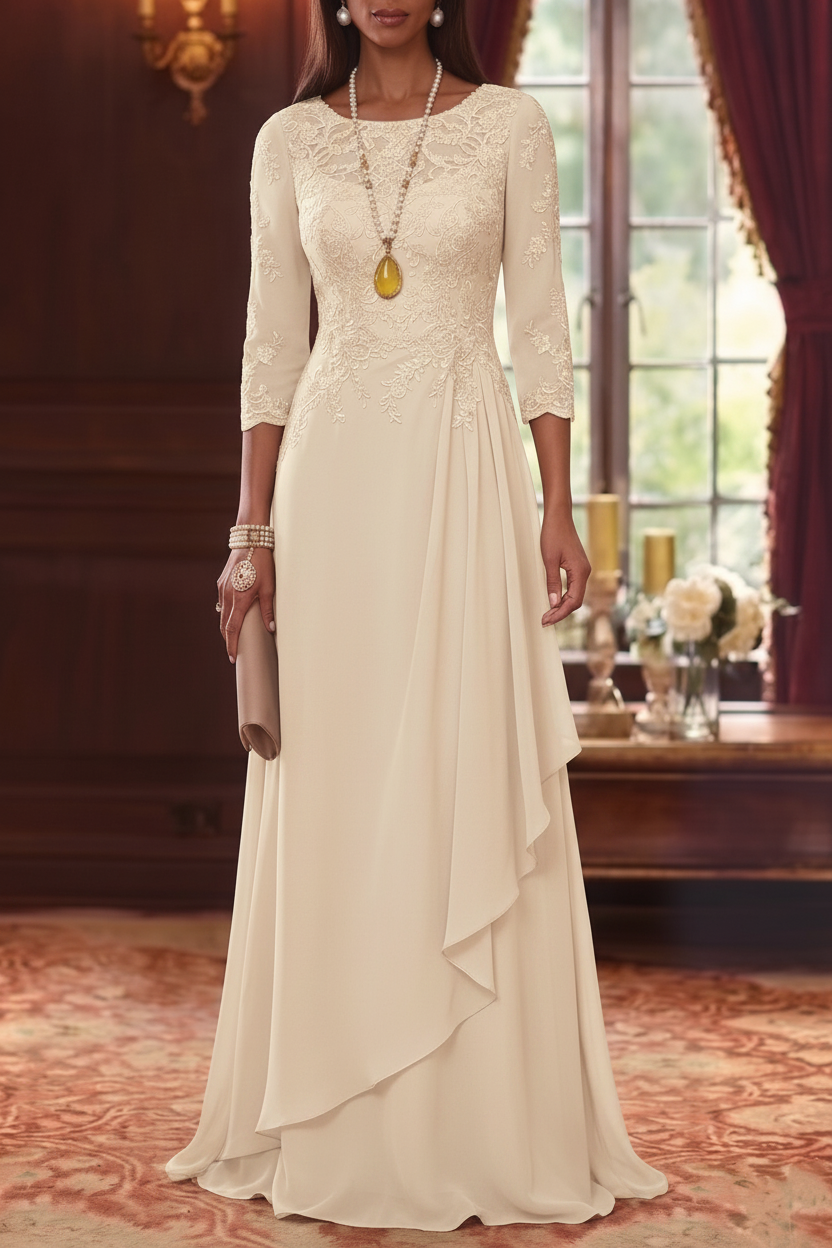 A-Line/Princess Scoop Chiffon Mother of the Bride Dresses 3/4 Sleeves Lace Floor-Length With Pleated