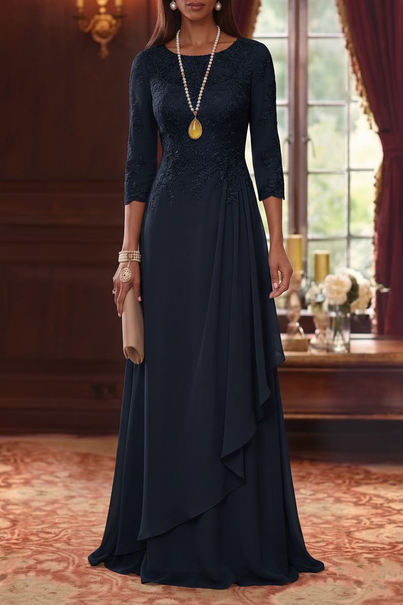 A-Line/Princess Scoop Chiffon Mother of the Bride Dresses 3/4 Sleeves Lace Floor-Length With Pleated