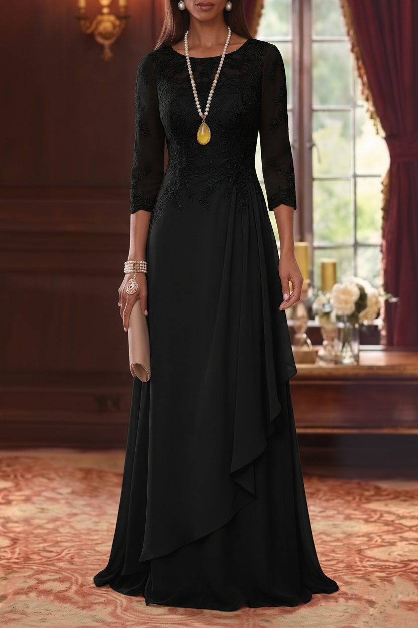 A-Line/Princess Scoop Chiffon Mother of the Bride Dresses 3/4 Sleeves Lace Floor-Length With Pleated