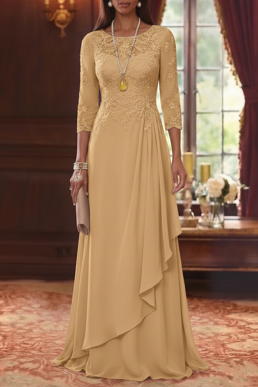 A-Line/Princess Scoop Chiffon Mother of the Bride Dresses 3/4 Sleeves Lace Floor-Length With Pleated