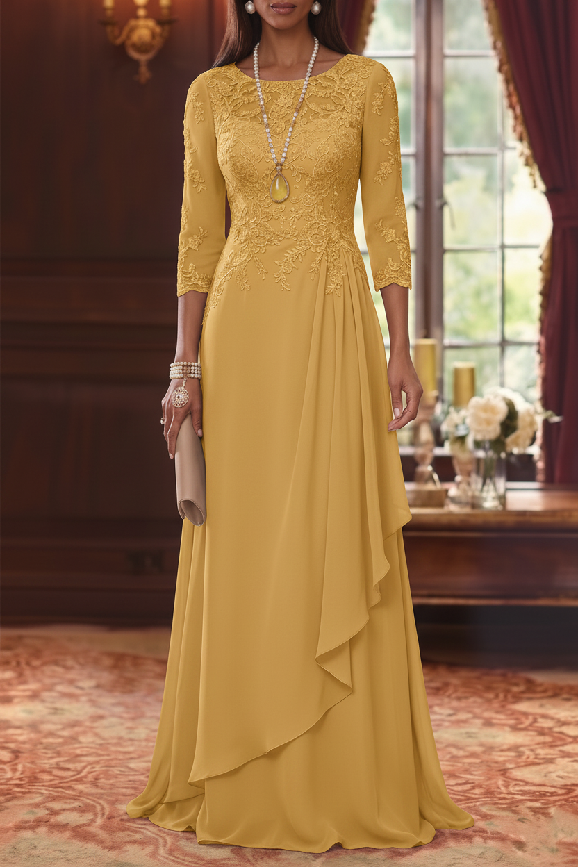 A-Line/Princess Scoop Chiffon Mother of the Bride Dresses 3/4 Sleeves Lace Floor-Length With Pleated